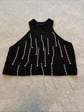 Zara Black Ribbed Halter Tank with Pearl Strands